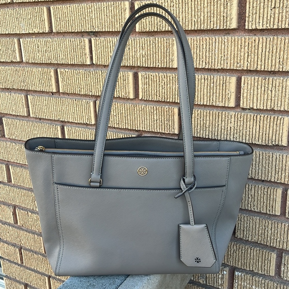 Tory Burch Gray Structured Leather Tote - Picture 3 of 15